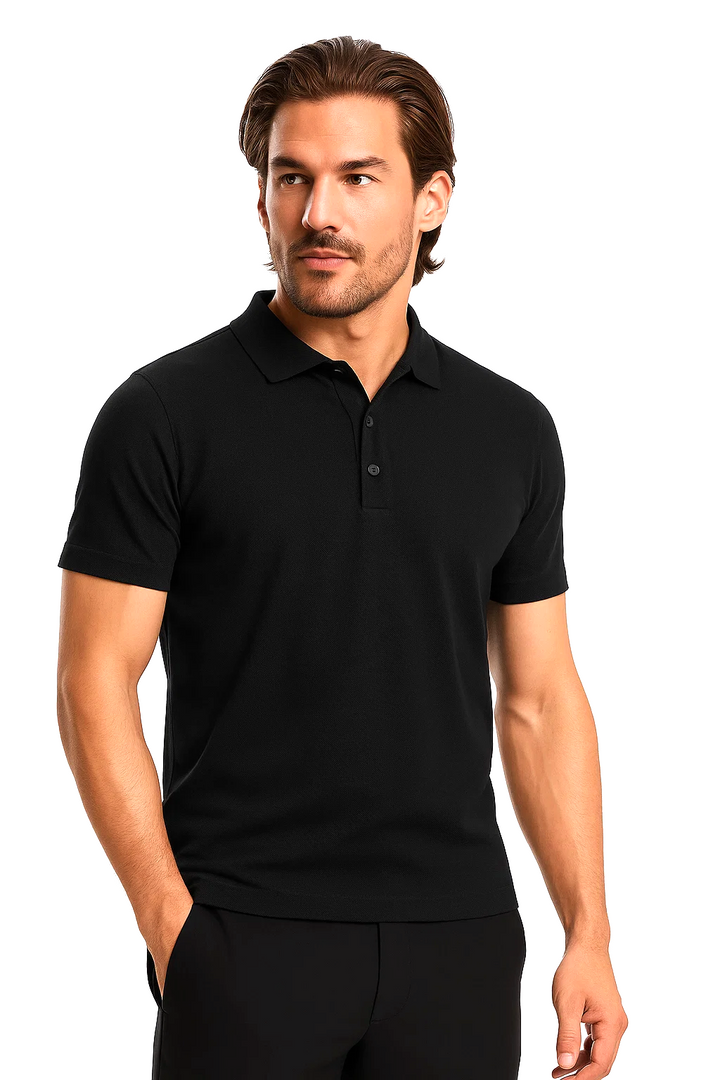 Classic Short Sleeve Polo with Three-Button Placket | Enrico – Black