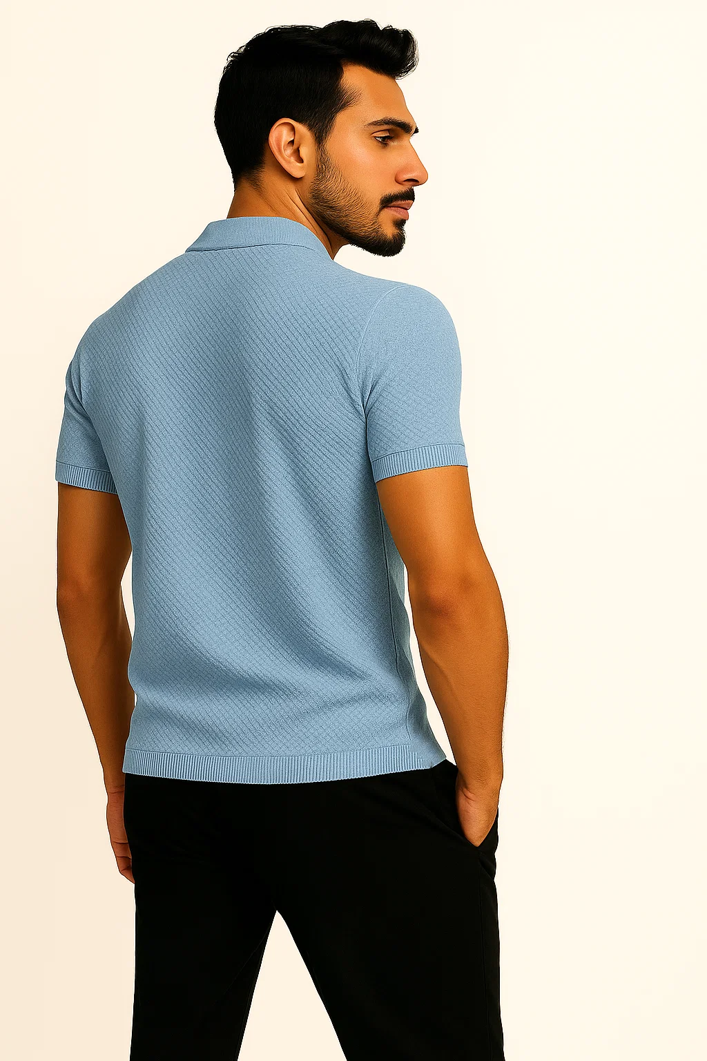 Ribbed Textured Polo | Eddie - Dusty Blue