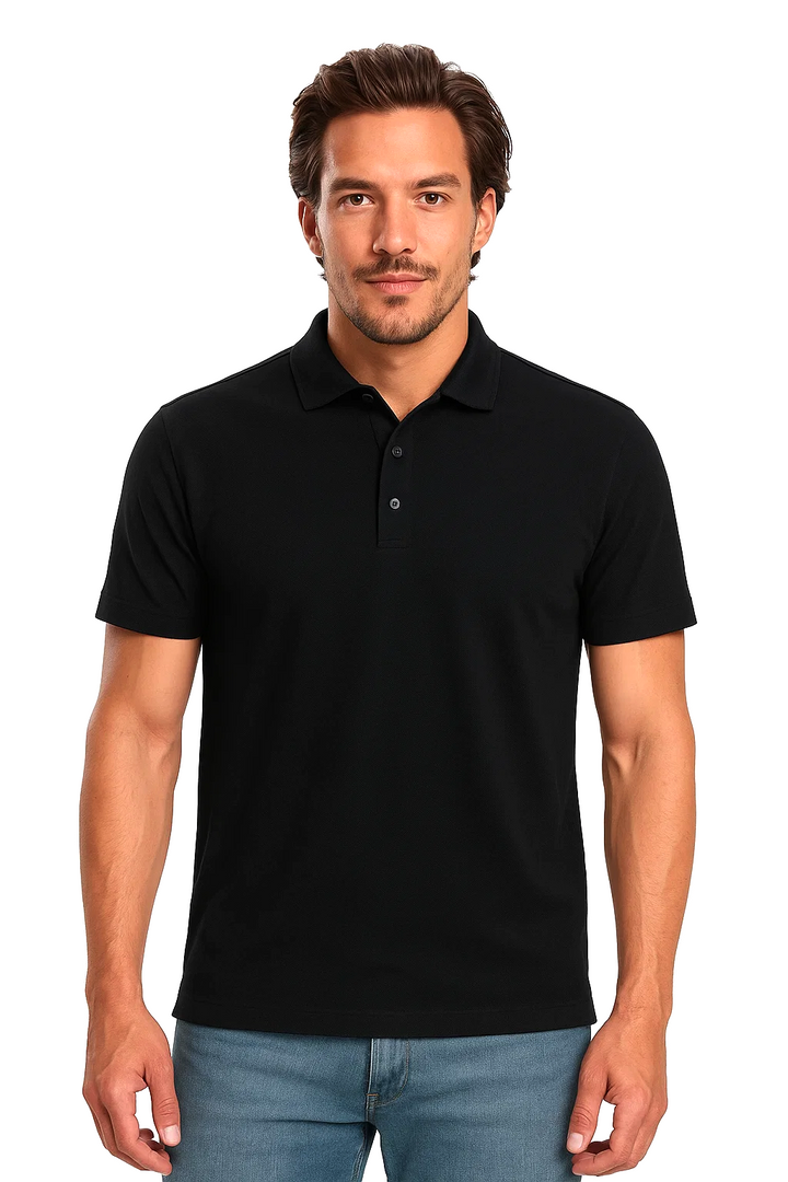Classic Short Sleeve Polo with Three-Button Placket | Enrico – Black