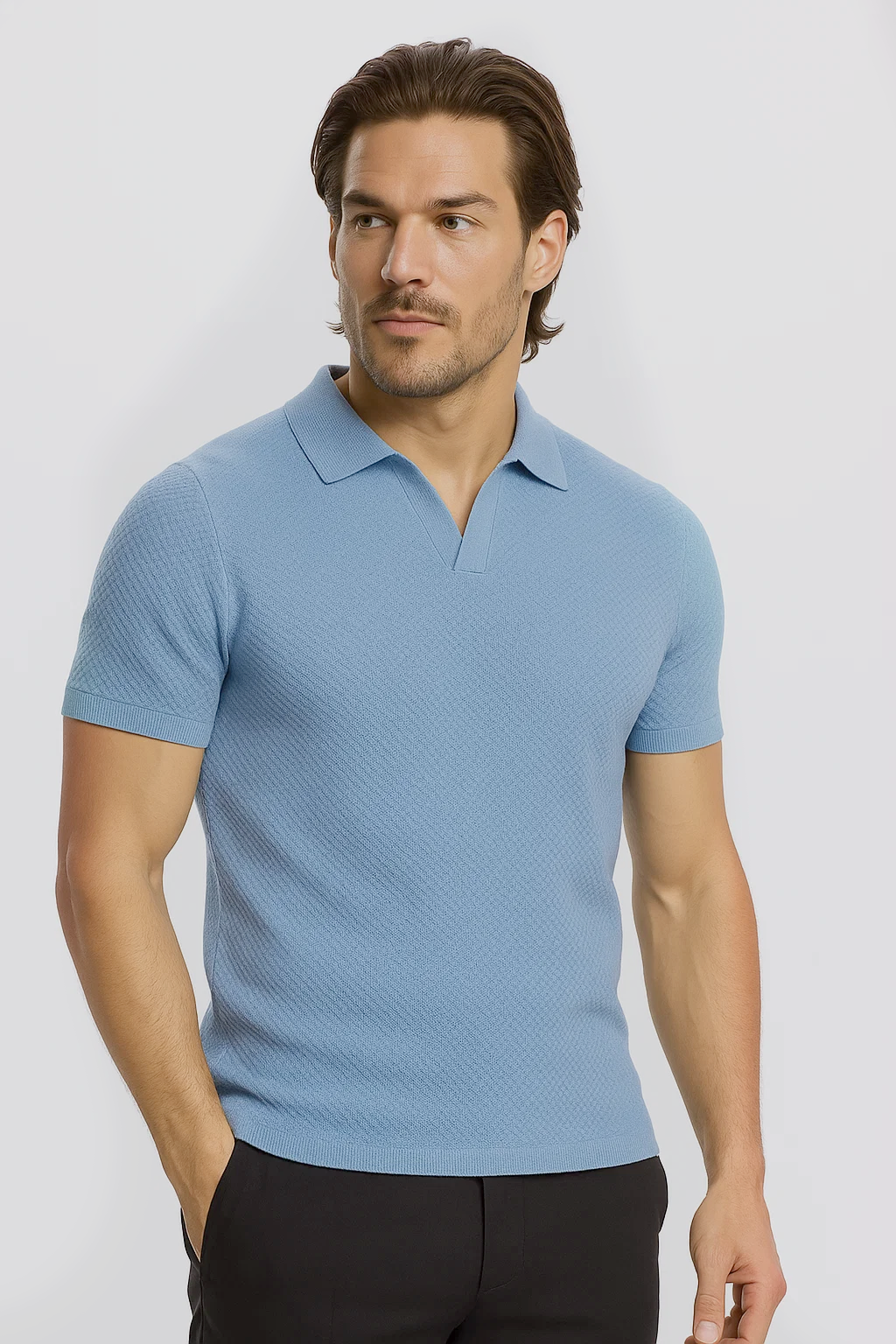 Ribbed Textured Polo | Eddie - Dusty Blue